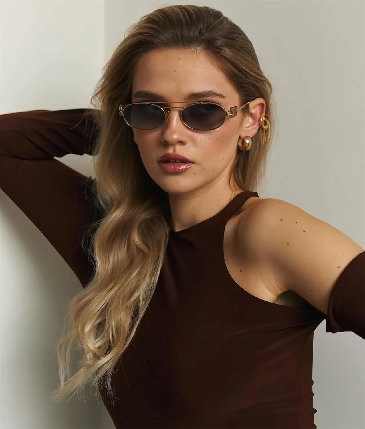 Retro Oval 90s Metal Sunglasses for Women, 2025 Trendy Chic Narrow Gold Sun Glasses Fashion Sunnies