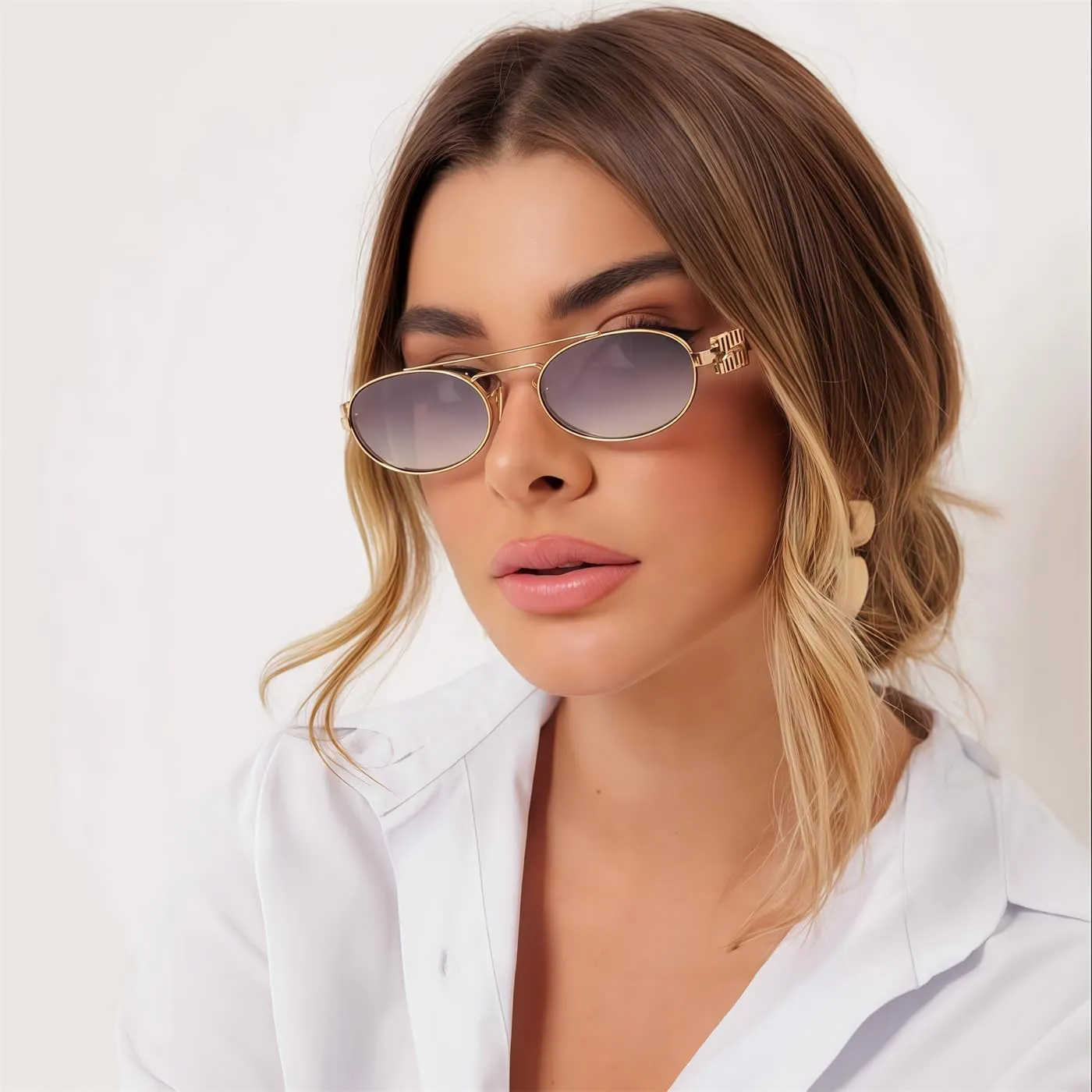 Retro Oval 90s Metal Sunglasses for Women, 2025 Trendy Chic Narrow Gold Sun Glasses Fashion Sunnies