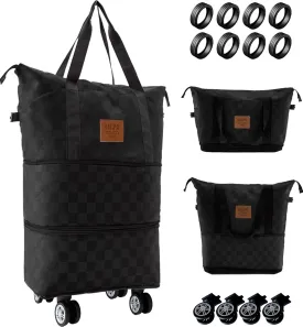 Rolling Duffle Bag with Wheels, 28-58L Expandable Foldable Travel Duffel Bag, Lightweight Carry-On Luggage for Gym, Camping, Weekend Trips, Business Travel, Duffel Bag for Women & Men(Black)