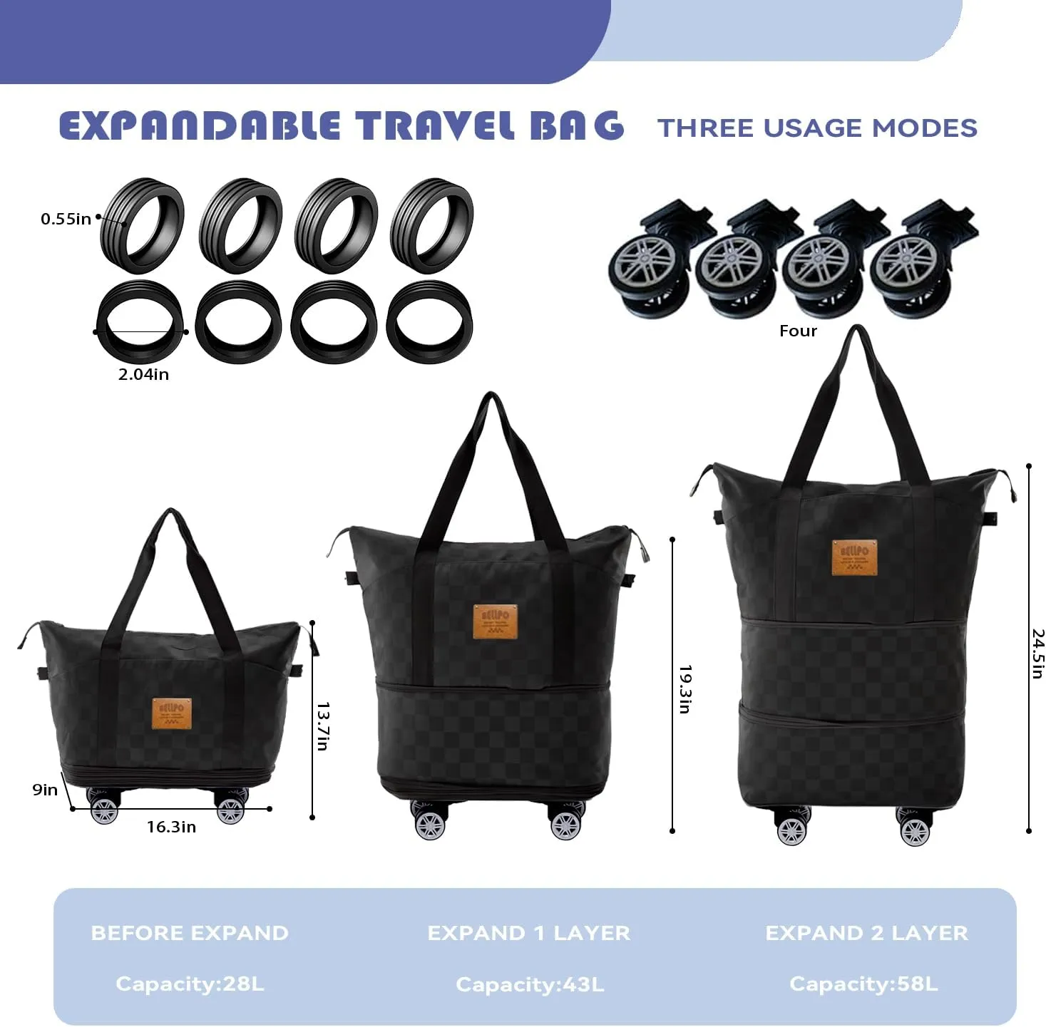 Rolling Duffle Bag with Wheels, 28-58L Expandable Foldable Travel Duffel Bag, Lightweight Carry-On Luggage for Gym, Camping, Weekend Trips, Business Travel, Duffel Bag for Women & Men(Black)