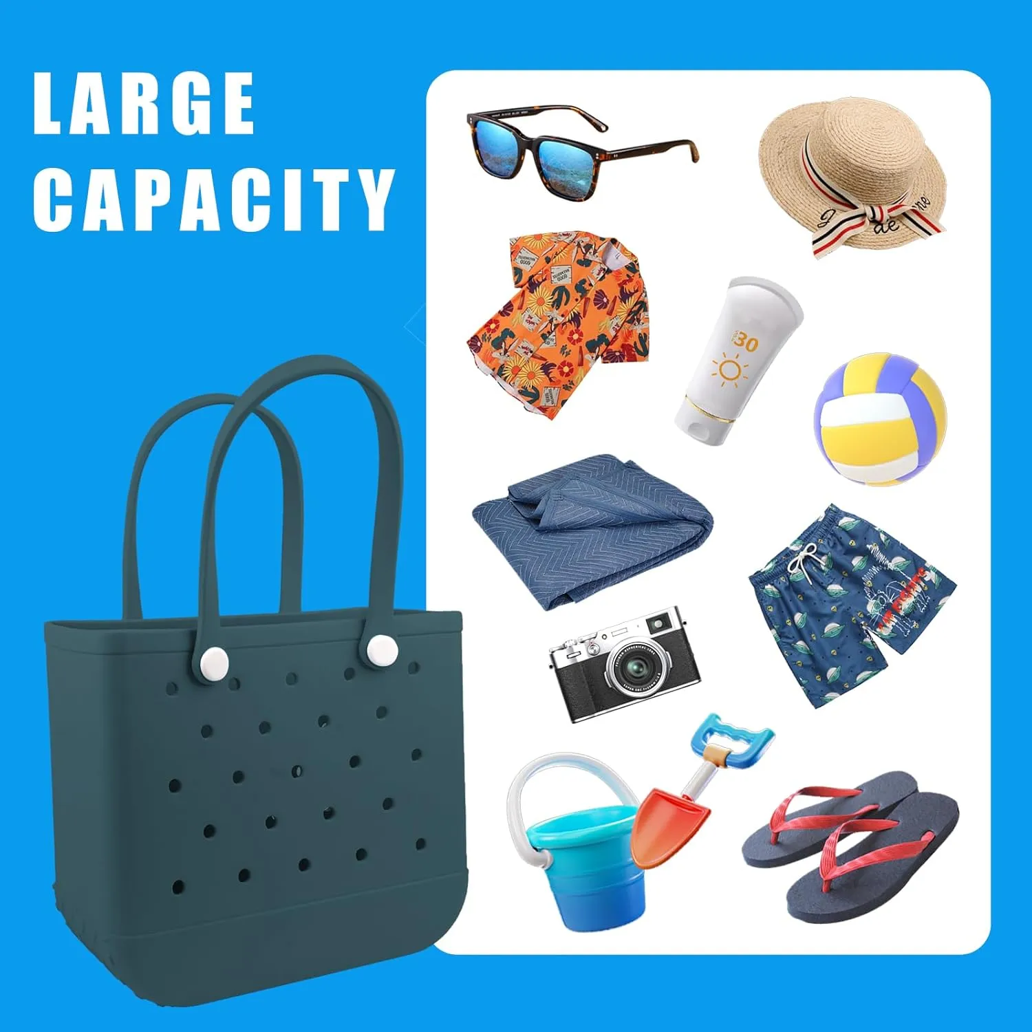 Rubber Beach Tote Bag - Waterproof Washable Durable Open Purses with Zipper Pocket and Phone Pouch for Pool Boat