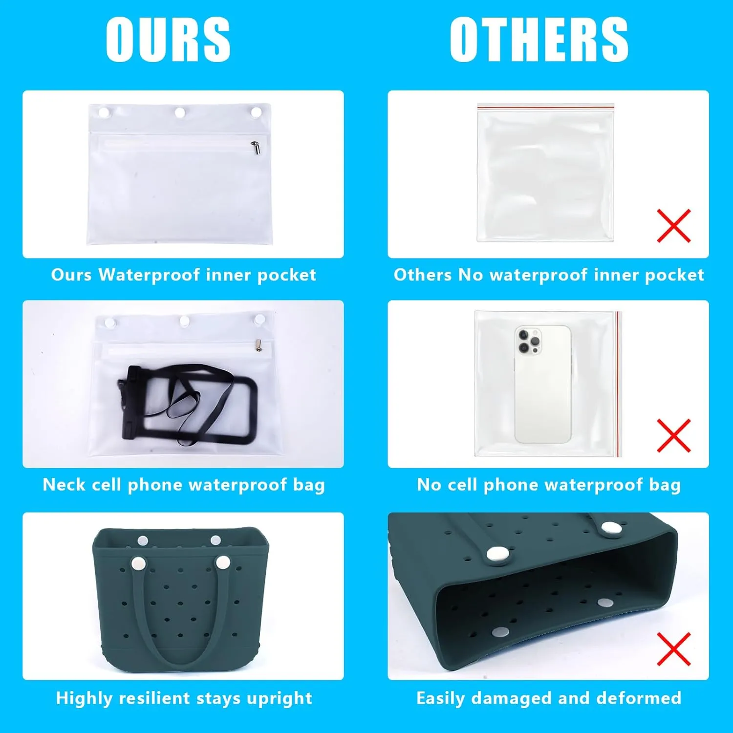 Rubber Beach Tote Bag - Waterproof Washable Durable Open Purses with Zipper Pocket and Phone Pouch for Pool Boat