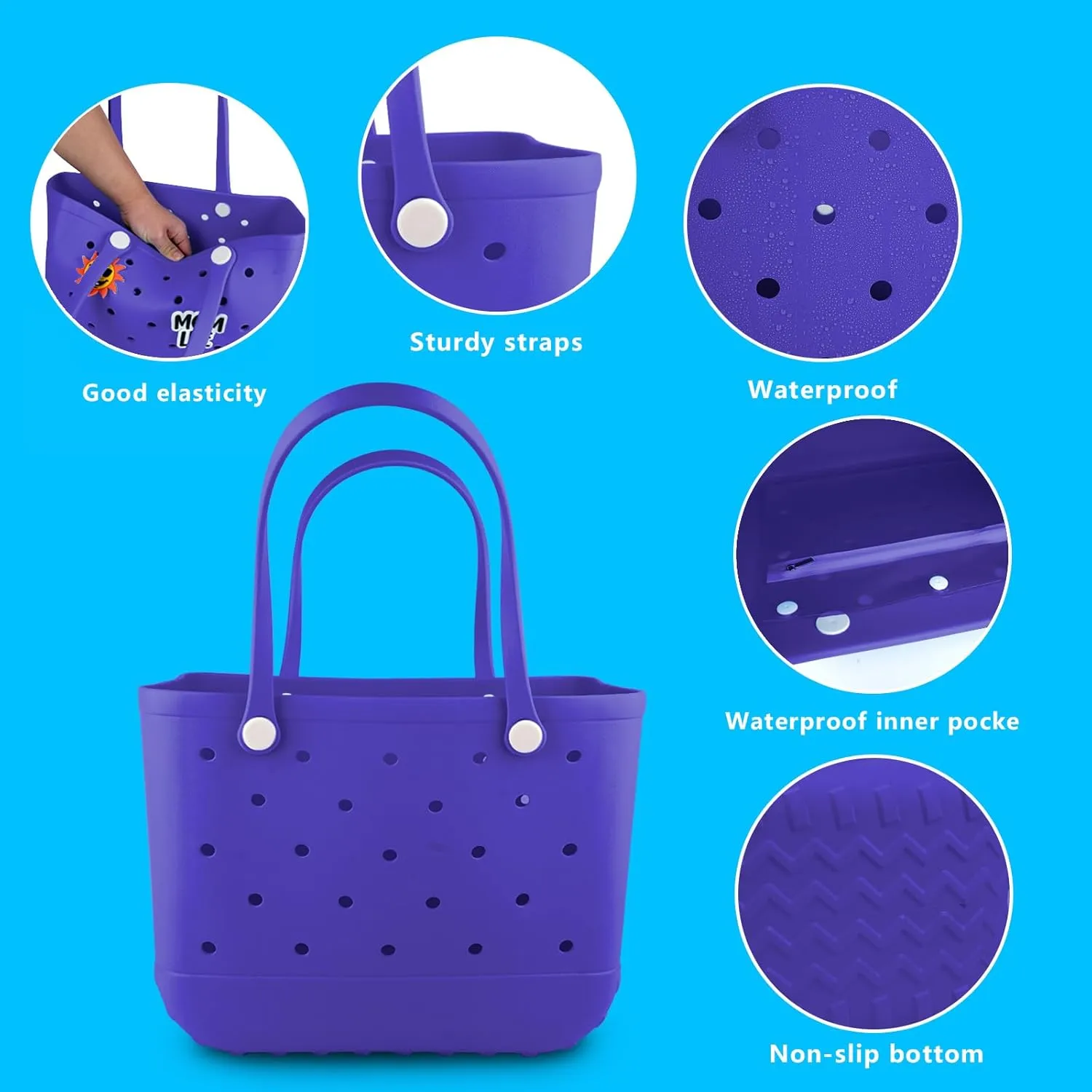 Rubber Beach Tote Bag - Waterproof Washable Durable Open Purses with Zipper Pocket and Phone Pouch for Pool Boat