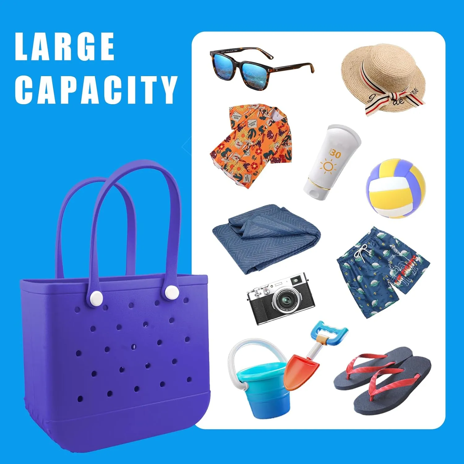 Rubber Beach Tote Bag - Waterproof Washable Durable Open Purses with Zipper Pocket and Phone Pouch for Pool Boat
