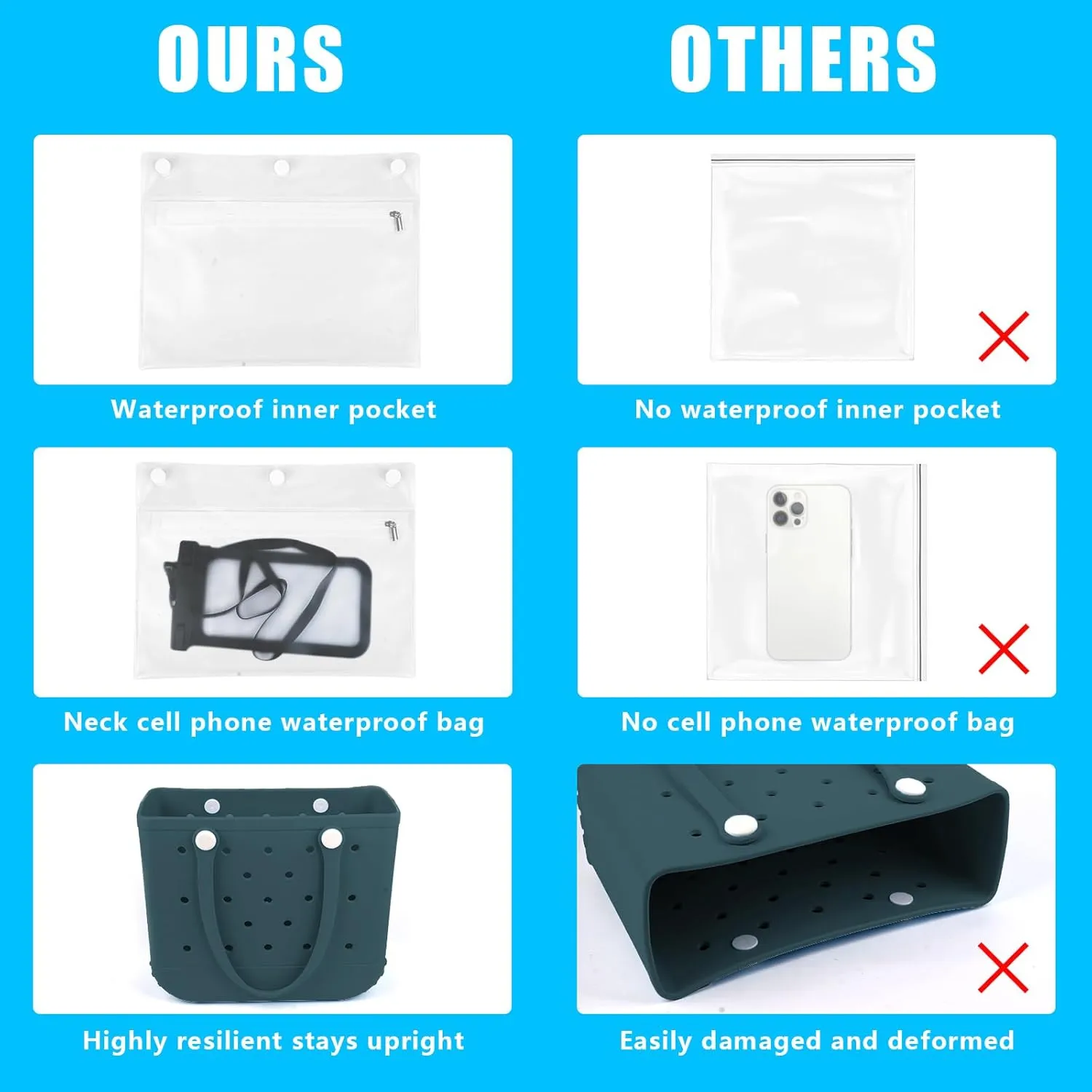 Rubber Beach Tote Bag - Waterproof Washable Durable Open Purses with Zipper Pocket and Phone Pouch for Pool Boat