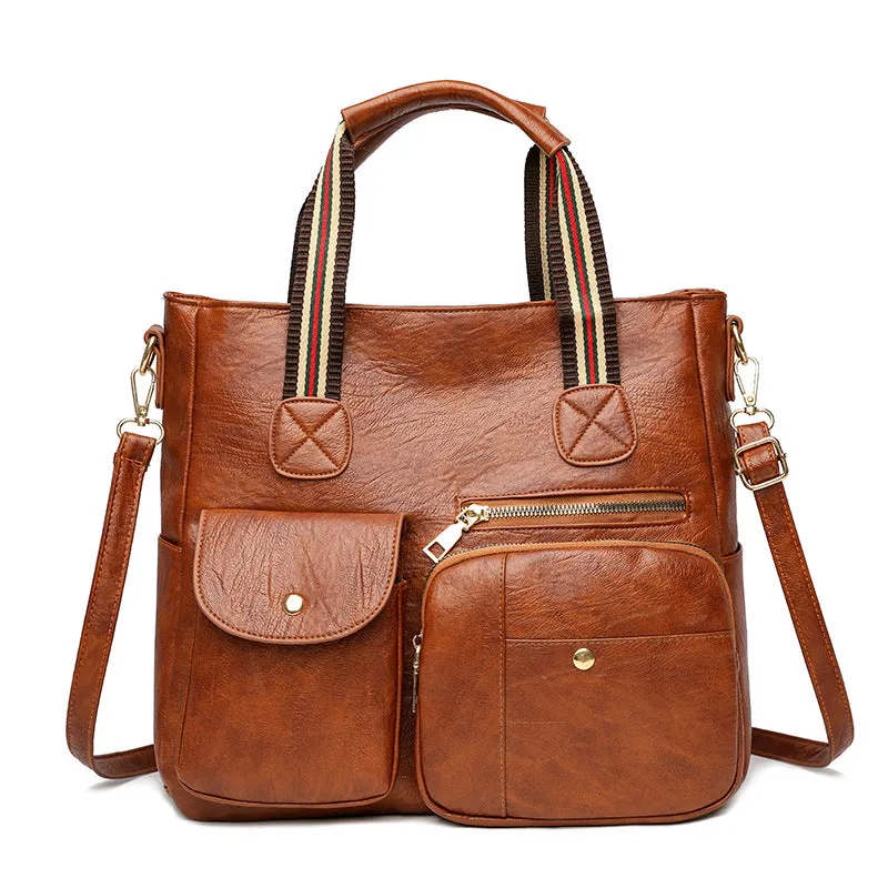 Sohiwoo Large Capacity Multi-Pocket Crossbody Tote Bag Trendy PU Leather Shoulder Bag Practical Commuter Handbag
