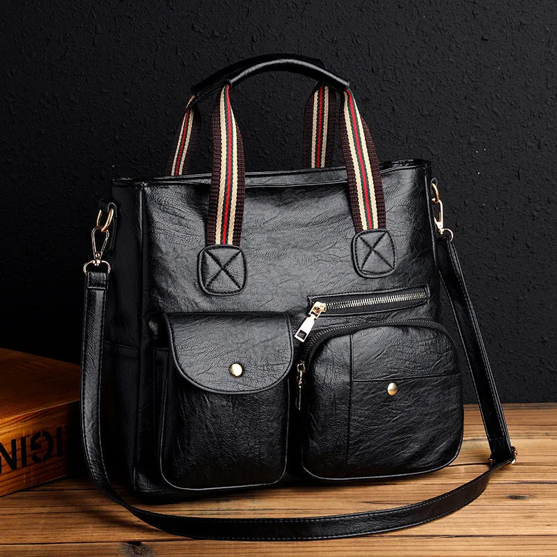 Sohiwoo Large Capacity Multi-Pocket Crossbody Tote Bag Trendy PU Leather Shoulder Bag Practical Commuter Handbag