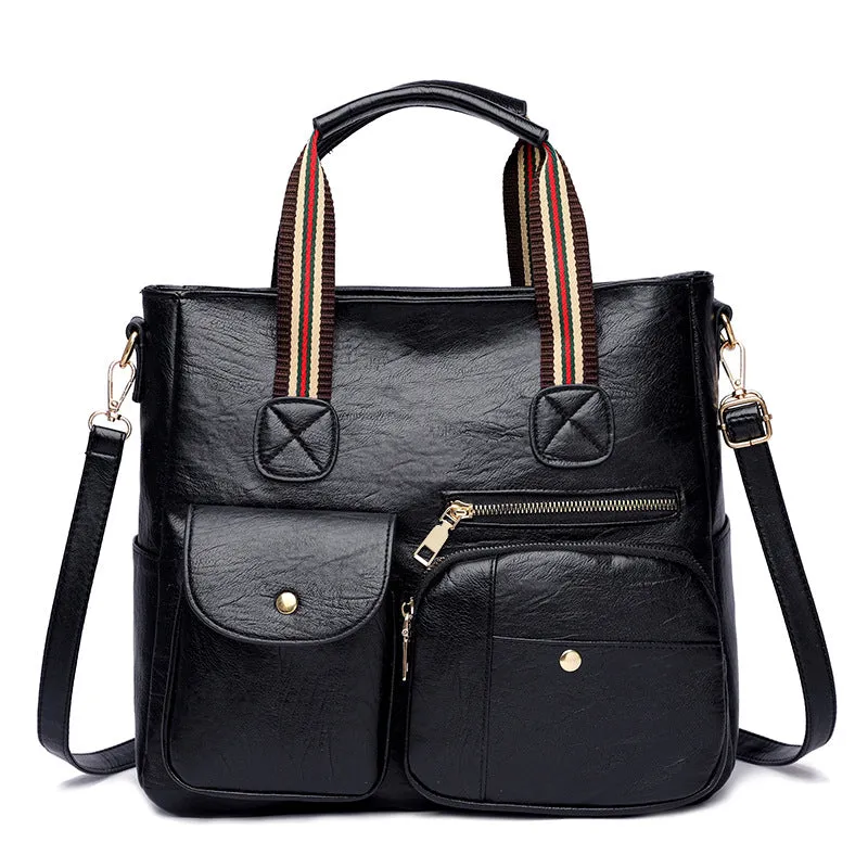 Sohiwoo Large Capacity Multi-Pocket Crossbody Tote Bag Trendy PU Leather Shoulder Bag Practical Commuter Handbag