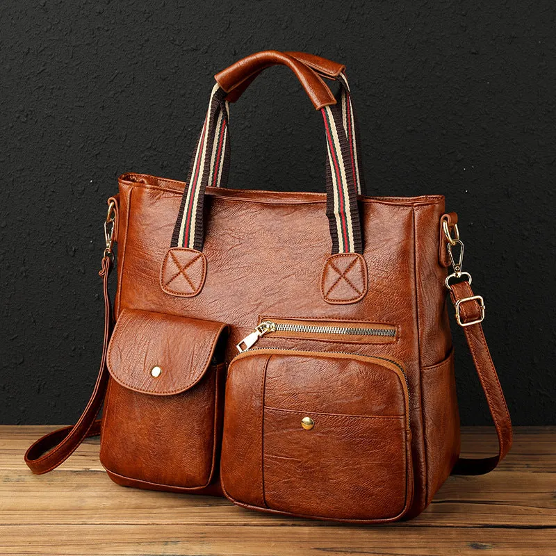 Sohiwoo Large Capacity Multi-Pocket Crossbody Tote Bag Trendy PU Leather Shoulder Bag Practical Commuter Handbag