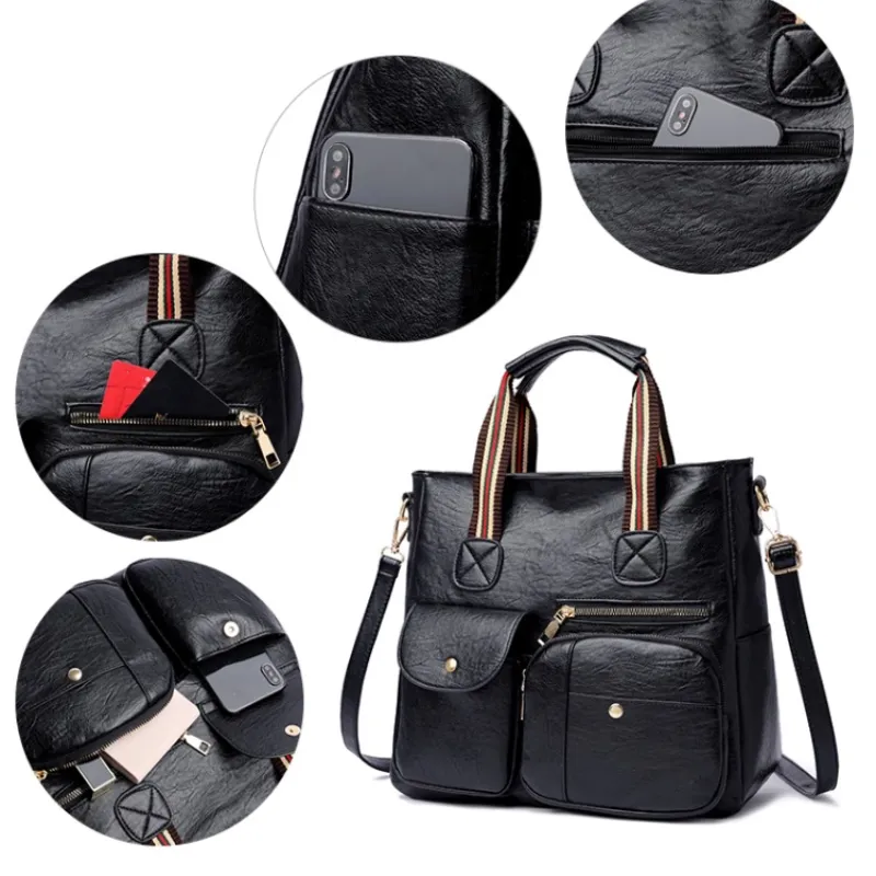 Sohiwoo Large Capacity Multi-Pocket Crossbody Tote Bag Trendy PU Leather Shoulder Bag Practical Commuter Handbag