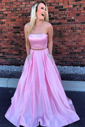 Strapless Two Piece Pink Long Beaded Prom Dress with Pockets PFP1395