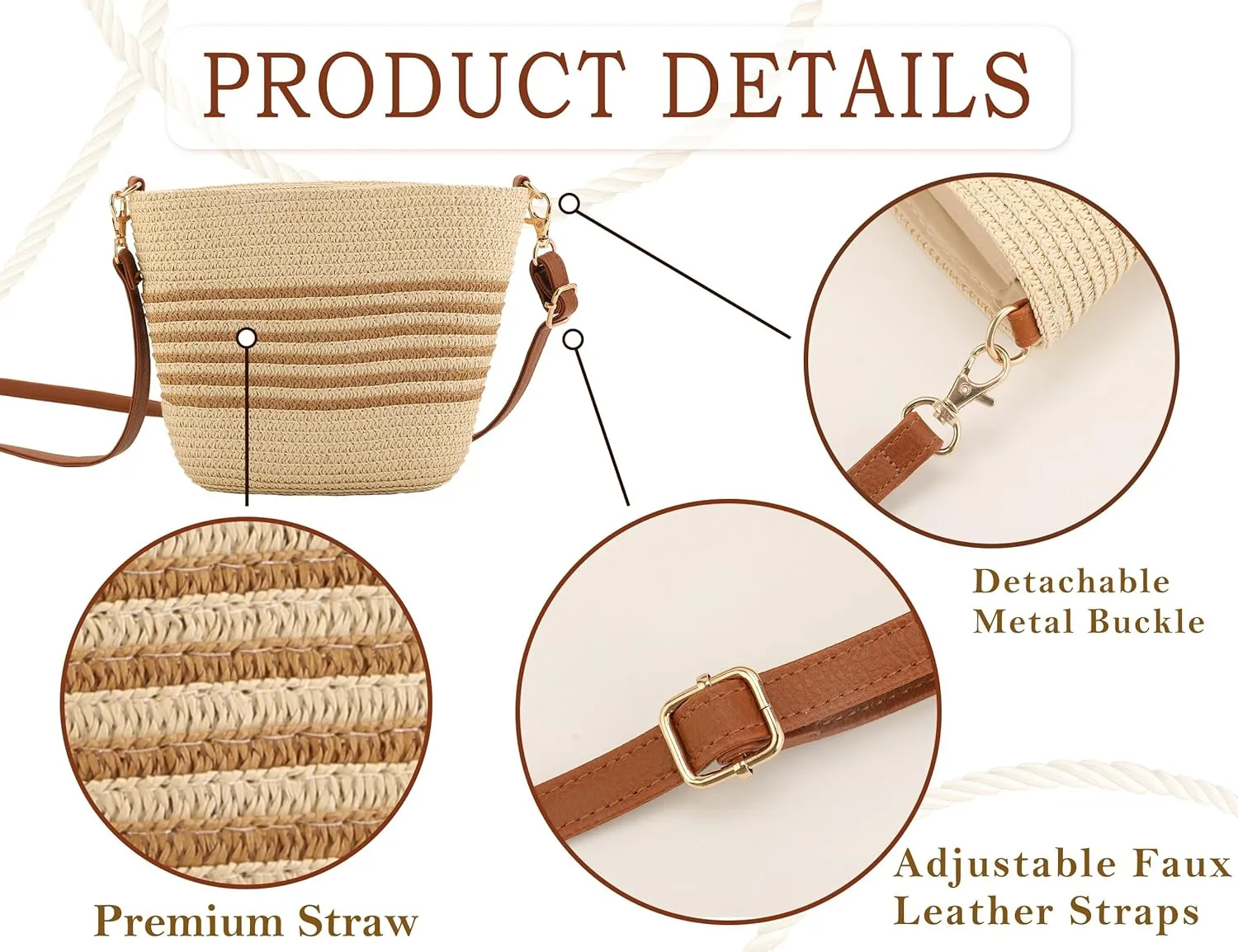Straw Crossbody Bags for Women with stripe, Hand Woven Shoulder Bag with Adjustable Faux Leather Strap, Beach Purses