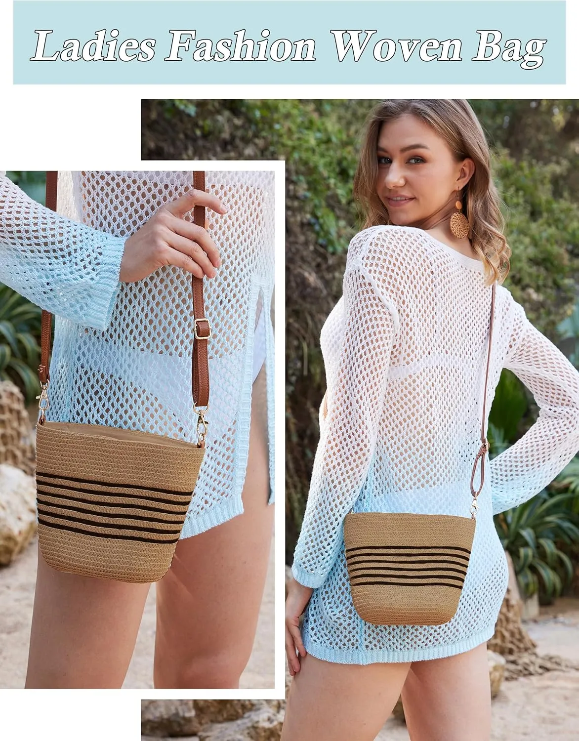 Straw Crossbody Bags for Women with stripe, Hand Woven Shoulder Bag with Adjustable Faux Leather Strap, Beach Purses