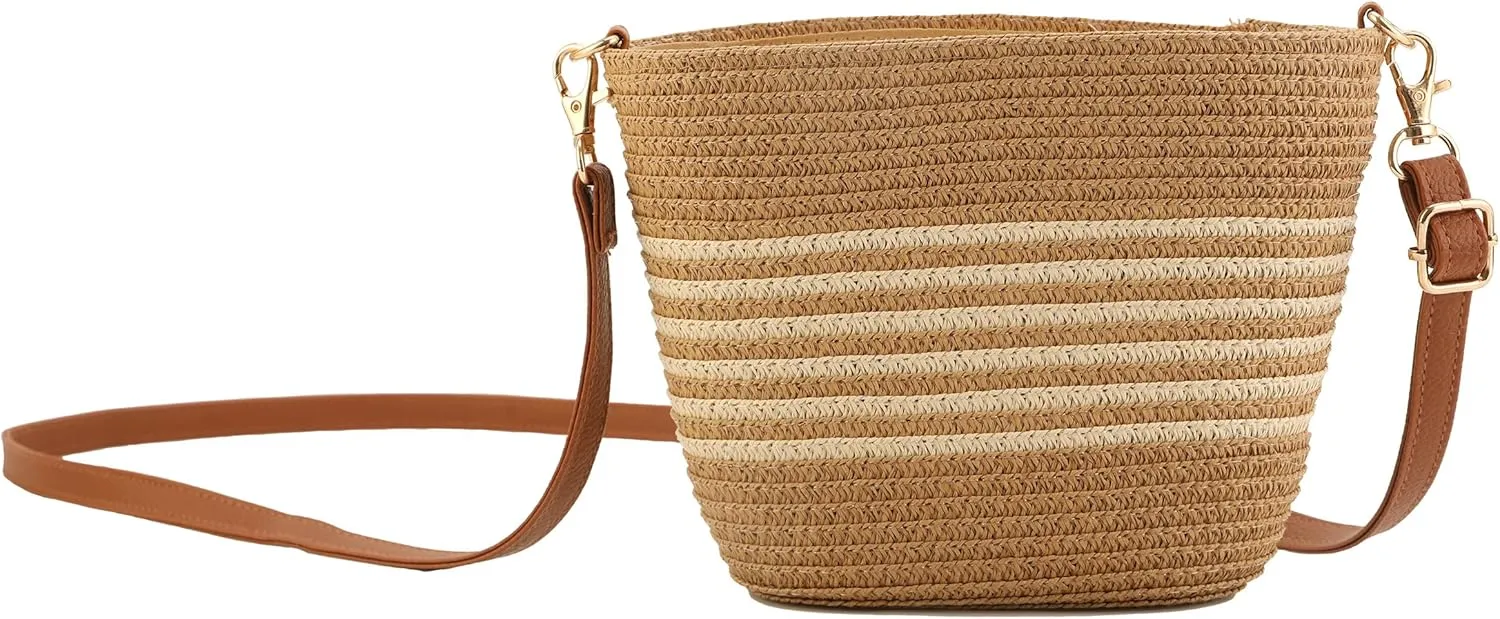 Straw Crossbody Bags for Women with stripe, Hand Woven Shoulder Bag with Adjustable Faux Leather Strap, Beach Purses