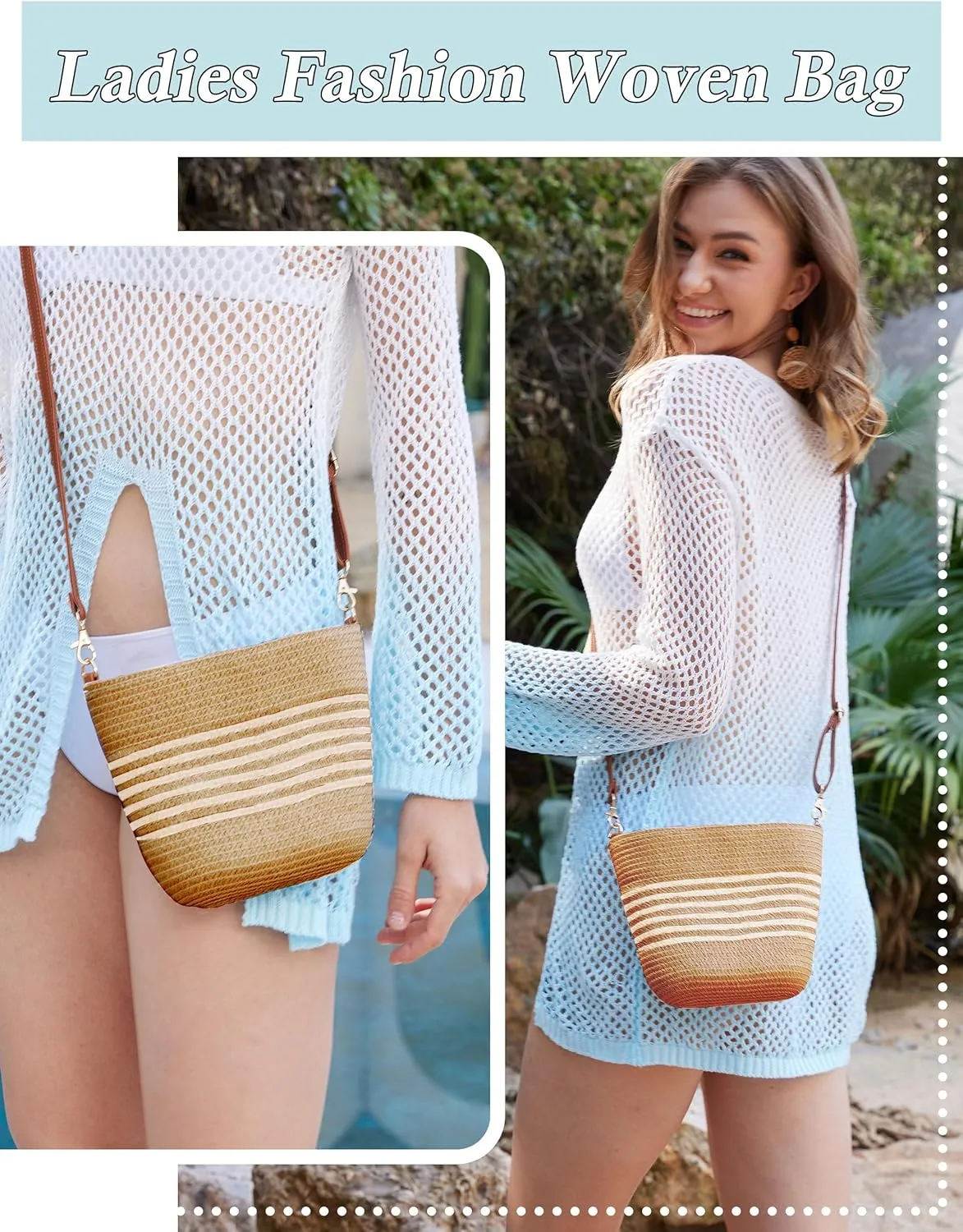 Straw Crossbody Bags for Women with stripe, Hand Woven Shoulder Bag with Adjustable Faux Leather Strap, Beach Purses