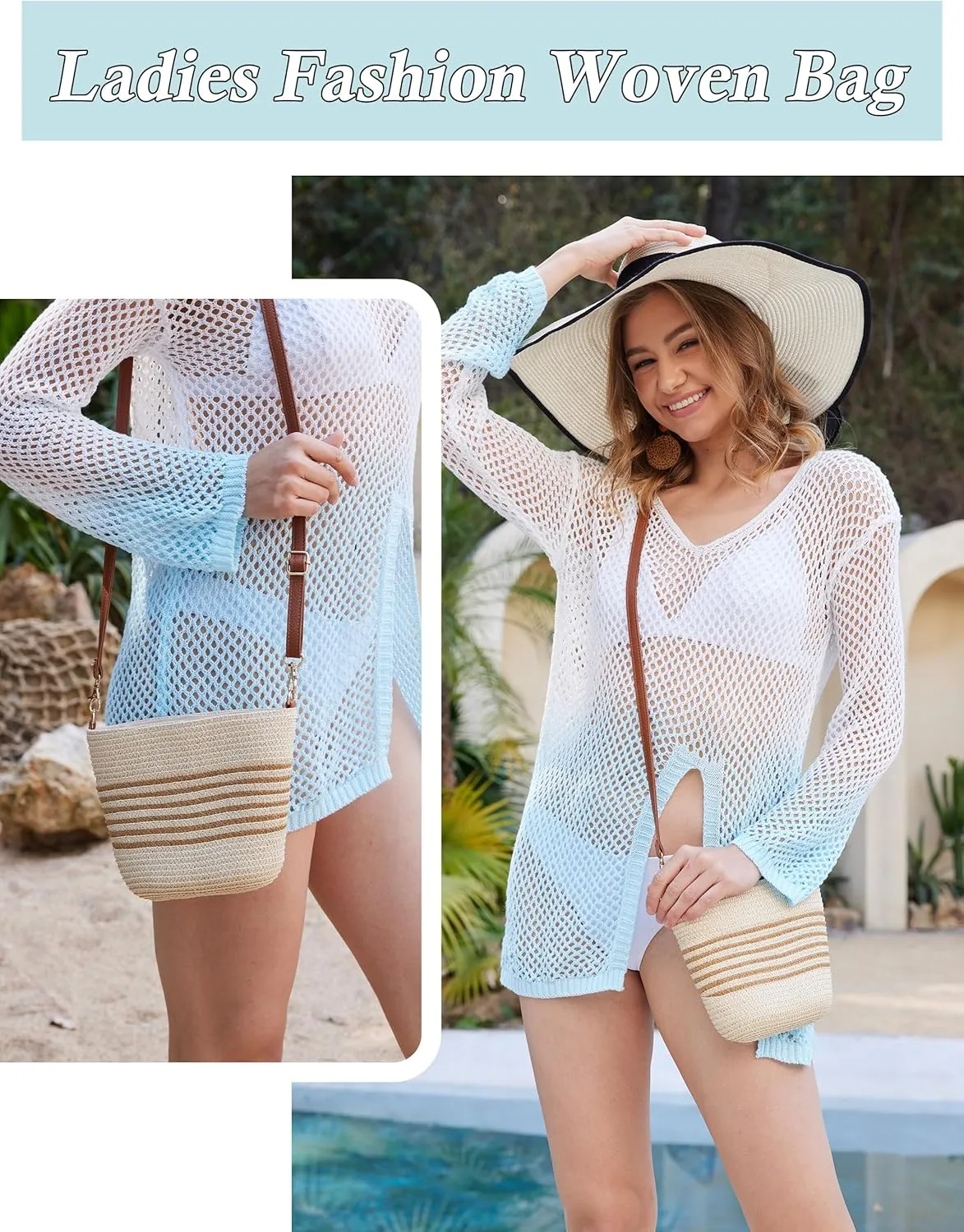Straw Crossbody Bags for Women with stripe, Hand Woven Shoulder Bag with Adjustable Faux Leather Strap, Beach Purses