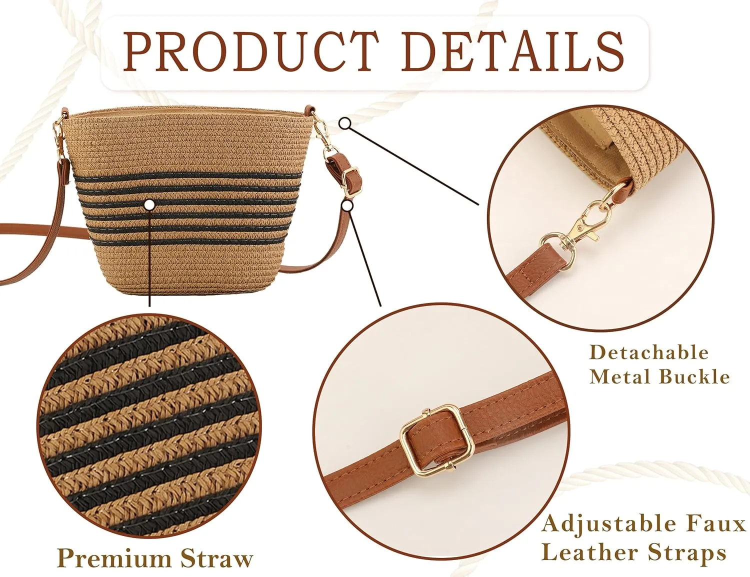 Straw Crossbody Bags for Women with stripe, Hand Woven Shoulder Bag with Adjustable Faux Leather Strap, Beach Purses