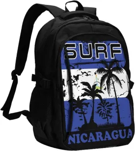 Surf Nicaragua Flag Business Laptop Backpack Travel Backpacks Outdoor Rucksack Large Bag Daypack with USB Charging Port Multi-Pocket for Hiking Camping