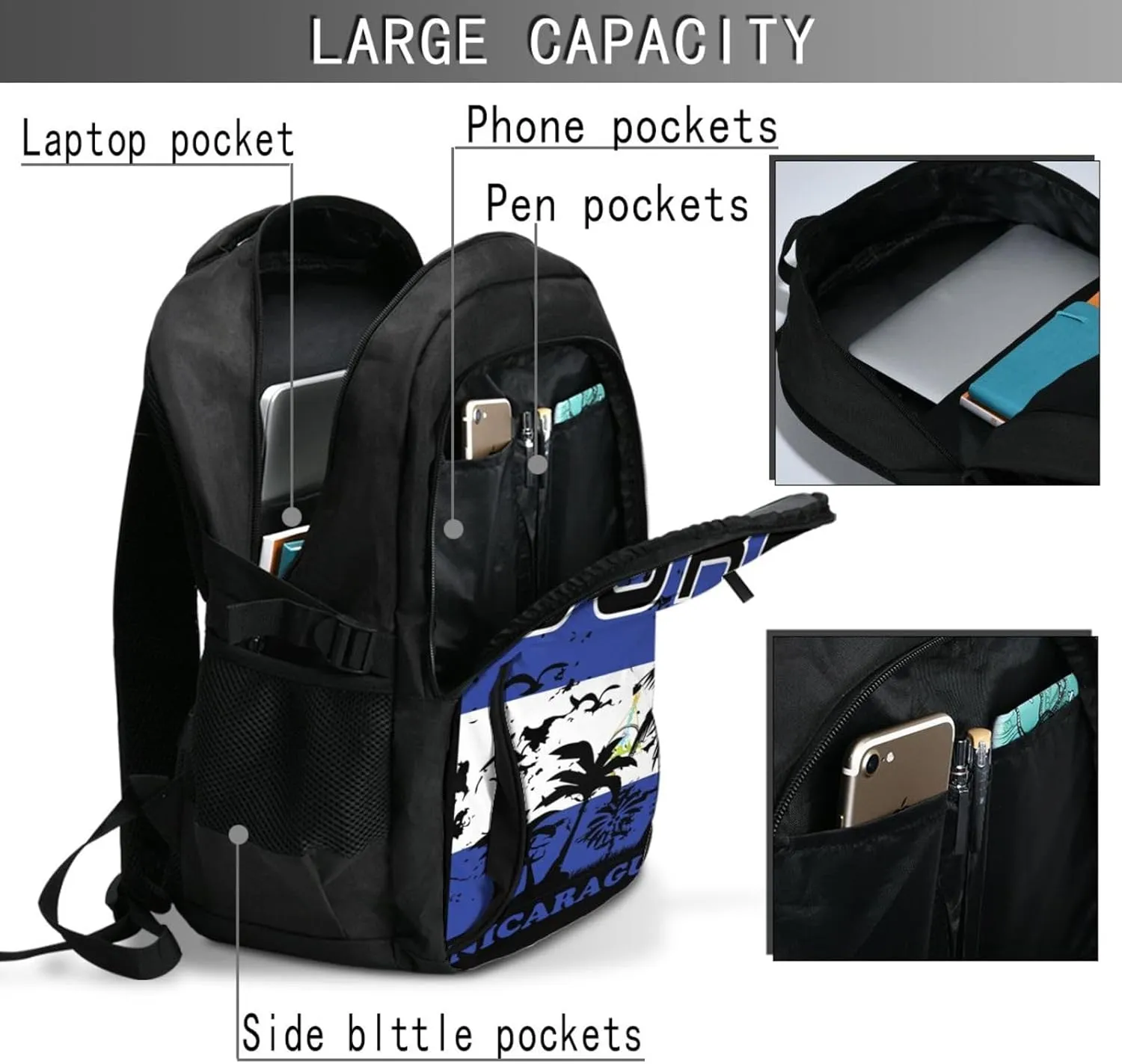 Surf Nicaragua Flag Business Laptop Backpack Travel Backpacks Outdoor Rucksack Large Bag Daypack with USB Charging Port Multi-Pocket for Hiking Camping