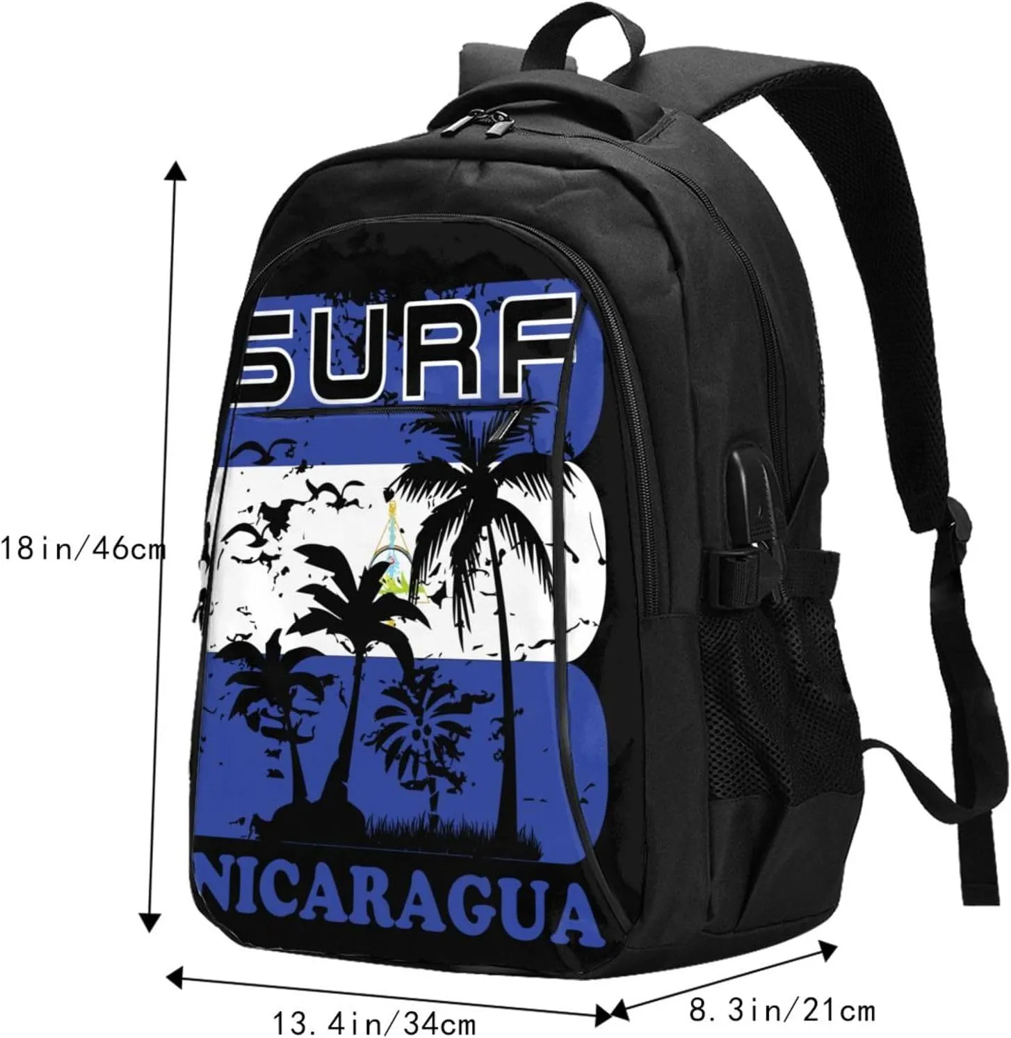 Surf Nicaragua Flag Business Laptop Backpack Travel Backpacks Outdoor Rucksack Large Bag Daypack with USB Charging Port Multi-Pocket for Hiking Camping