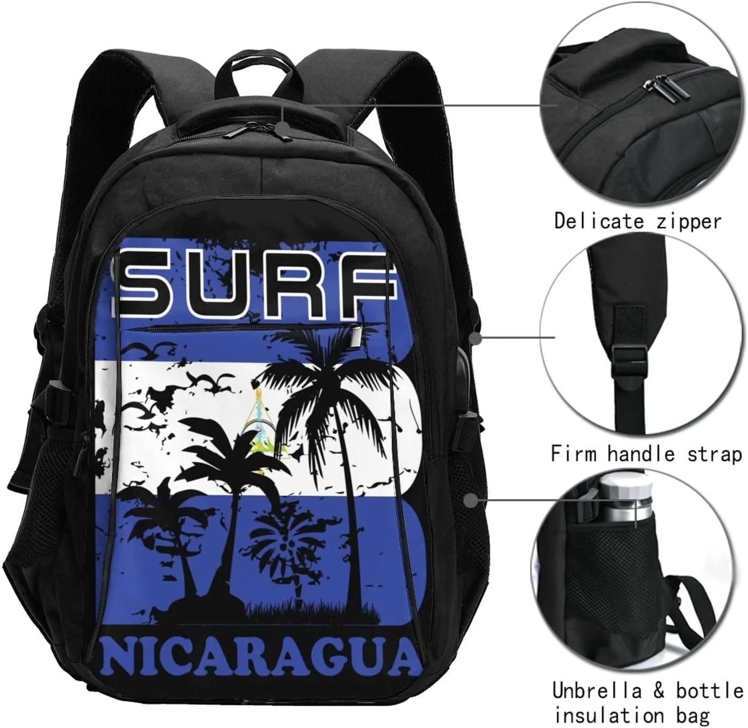 Surf Nicaragua Flag Business Laptop Backpack Travel Backpacks Outdoor Rucksack Large Bag Daypack with USB Charging Port Multi-Pocket for Hiking Camping