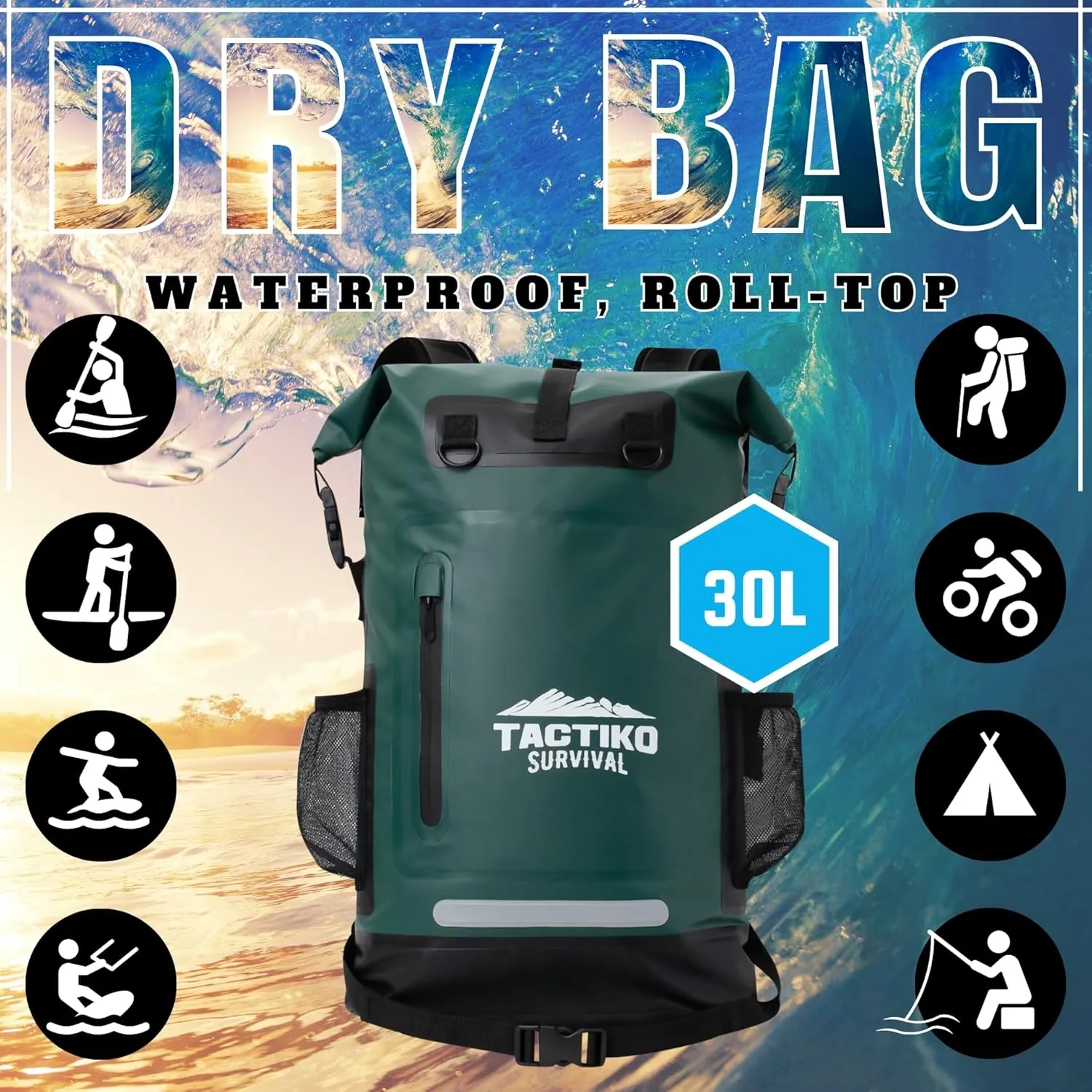 TACTIKO 30L Heavy-Duty 100% Waterproof Backpack, Roll Top Dry Bags for Kayaking, Hiking, Camping, Survival