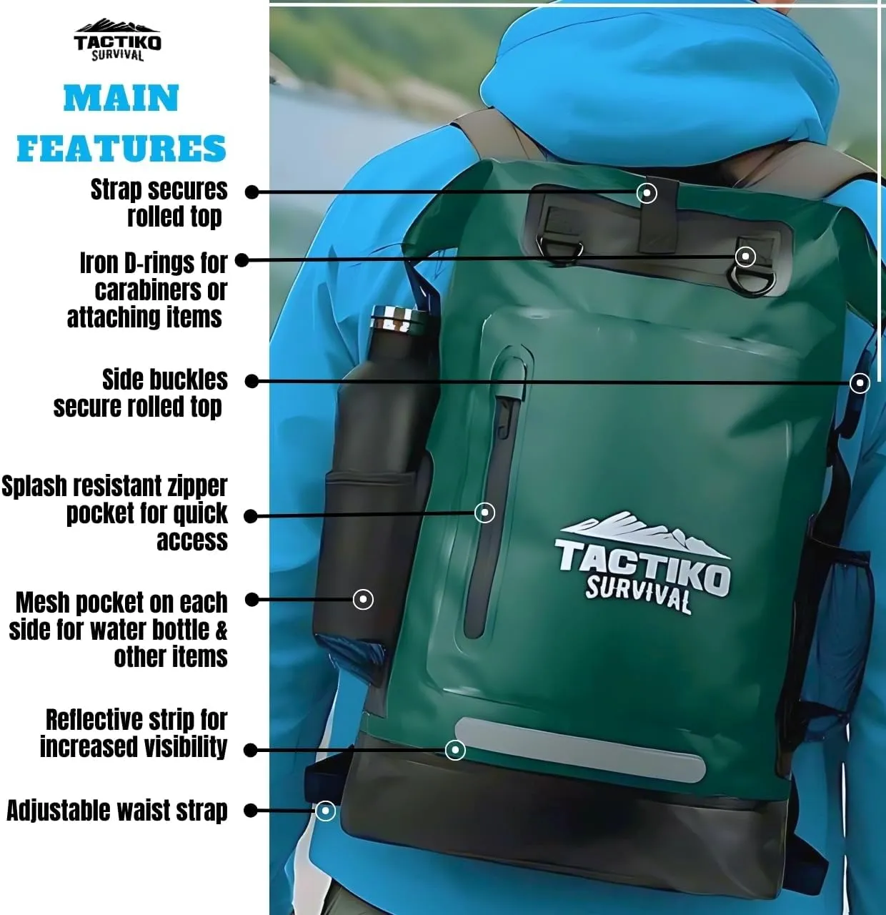 TACTIKO 30L Heavy-Duty 100% Waterproof Backpack, Roll Top Dry Bags for Kayaking, Hiking, Camping, Survival