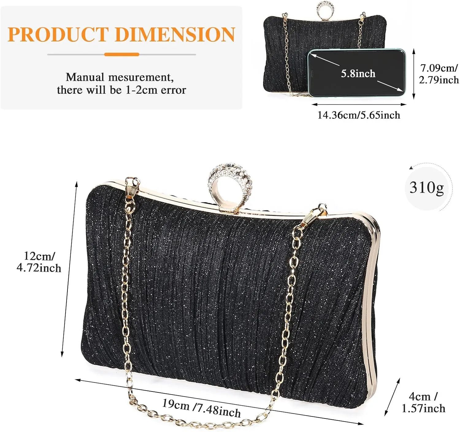 Tanpell Elegant Pleated Glitter Evening Bags Clutch for Women Formal Bridal Wedding Purse Prom Cocktail Party Handbags