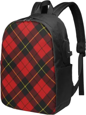 Tartan Red Black Plaid Usb Travel Laptop Backpack  Durable Polyester Backbag With Charging Port & Headphone Jack