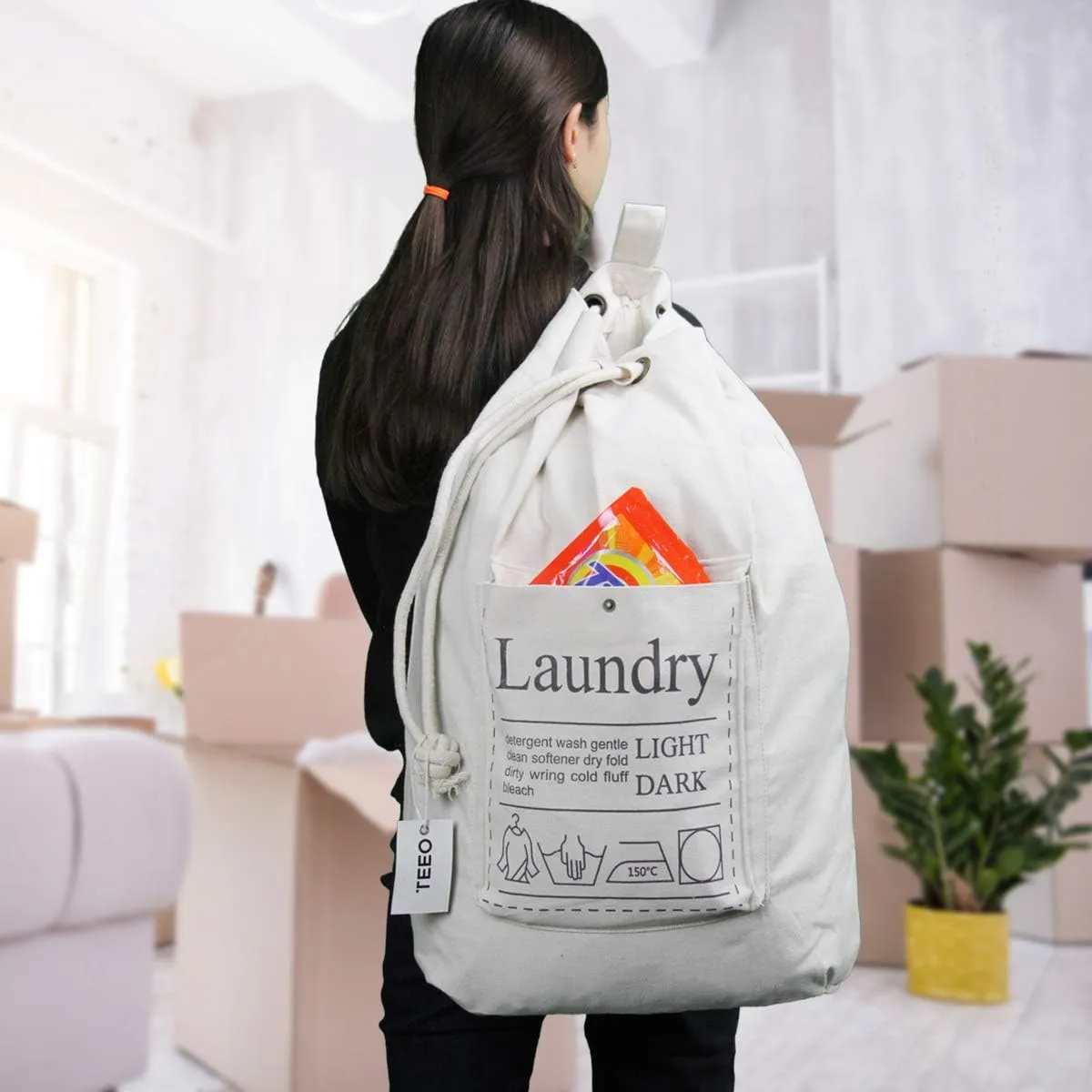 Teeo - Laundry Backpack - College Dorm Room Essentials - Laundry Bag Travel - Hamper - Backpack Large Spacious 25X20 Drawstring 100% Sturdy Cotton Canvas, Hamper Storage Organizer (Natural)