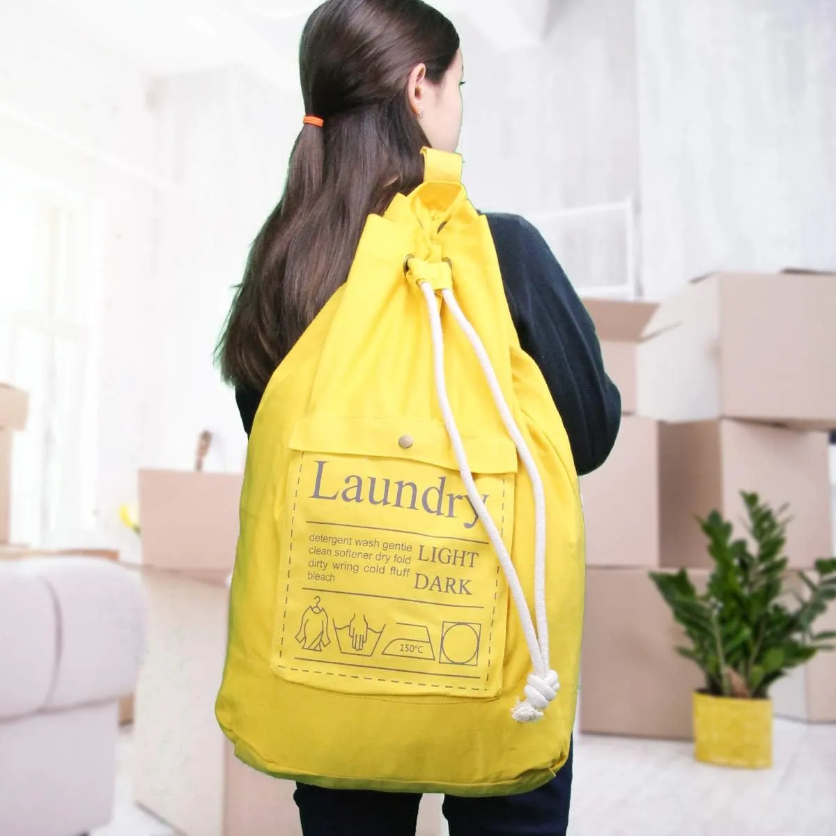 Teeo - Laundry Bag - Dorm Room Essentials - Travel Laundry Bags - College Essentials - Backpack Large Spacious 25X20 Drawstring 100% Sturdy Cotton Canvas, Hamper Storage Organizer (Yellow)