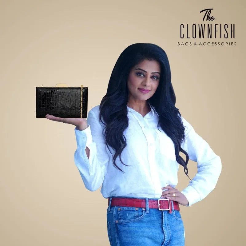 THE CLOWNFISH Estella Collection Faux Leather Clutch | Evening Bag with Chain Strap | 20x4x13 cm | Black
