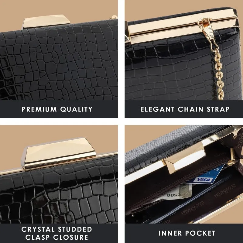 THE CLOWNFISH Estella Collection Faux Leather Clutch | Evening Bag with Chain Strap | 20x4x13 cm | Black