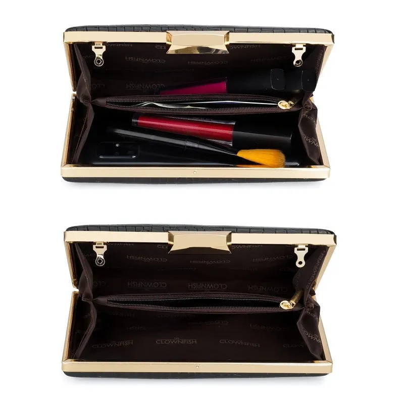 THE CLOWNFISH Estella Collection Faux Leather Clutch | Evening Bag with Chain Strap | 20x4x13 cm | Black