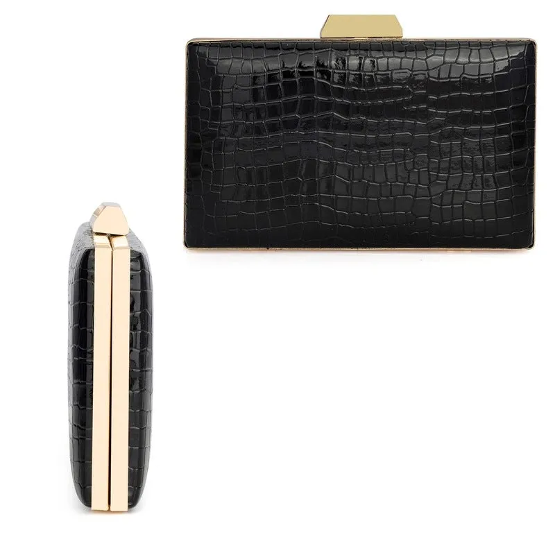 THE CLOWNFISH Estella Collection Faux Leather Clutch | Evening Bag with Chain Strap | 20x4x13 cm | Black