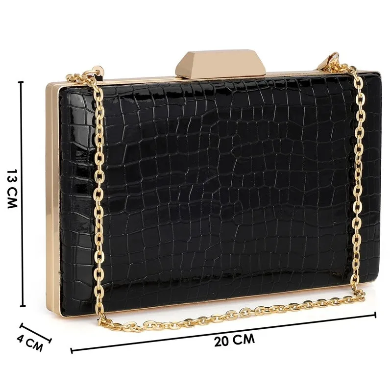 THE CLOWNFISH Estella Collection Faux Leather Clutch | Evening Bag with Chain Strap | 20x4x13 cm | Black