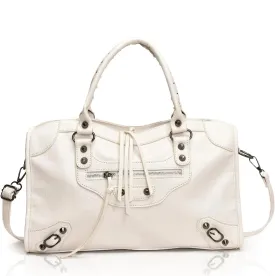 Tote Purse for Women Spacious Tote Faux Leather Hobo Rivet Bag Trendy Punk Rivet Shoulder Work Boston Bag (White)