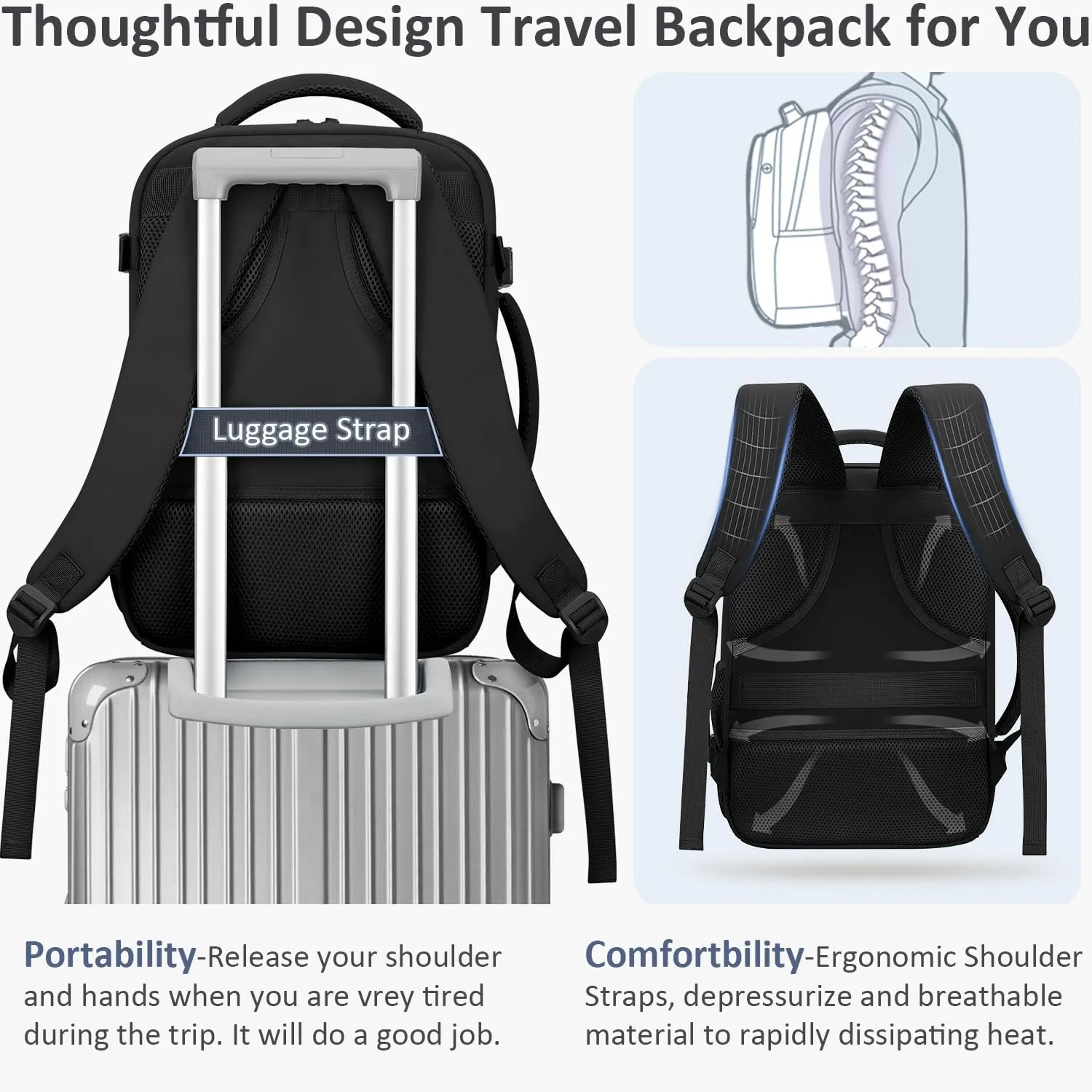Travel Backpack for Women Men Carry on Flight Approved Lightweight 15.6 Inch Laptop Backpack Duffle College Business Work Weekender Hiking Travel Essentials Suitcase Backpack Black