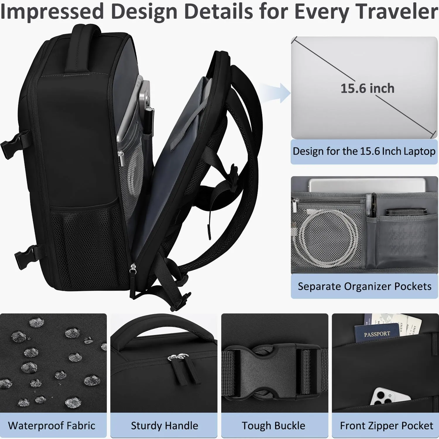 Travel Backpack for Women Men Carry on Flight Approved Lightweight 15.6 Inch Laptop Backpack Duffle College Business Work Weekender Hiking Travel Essentials Suitcase Backpack Black