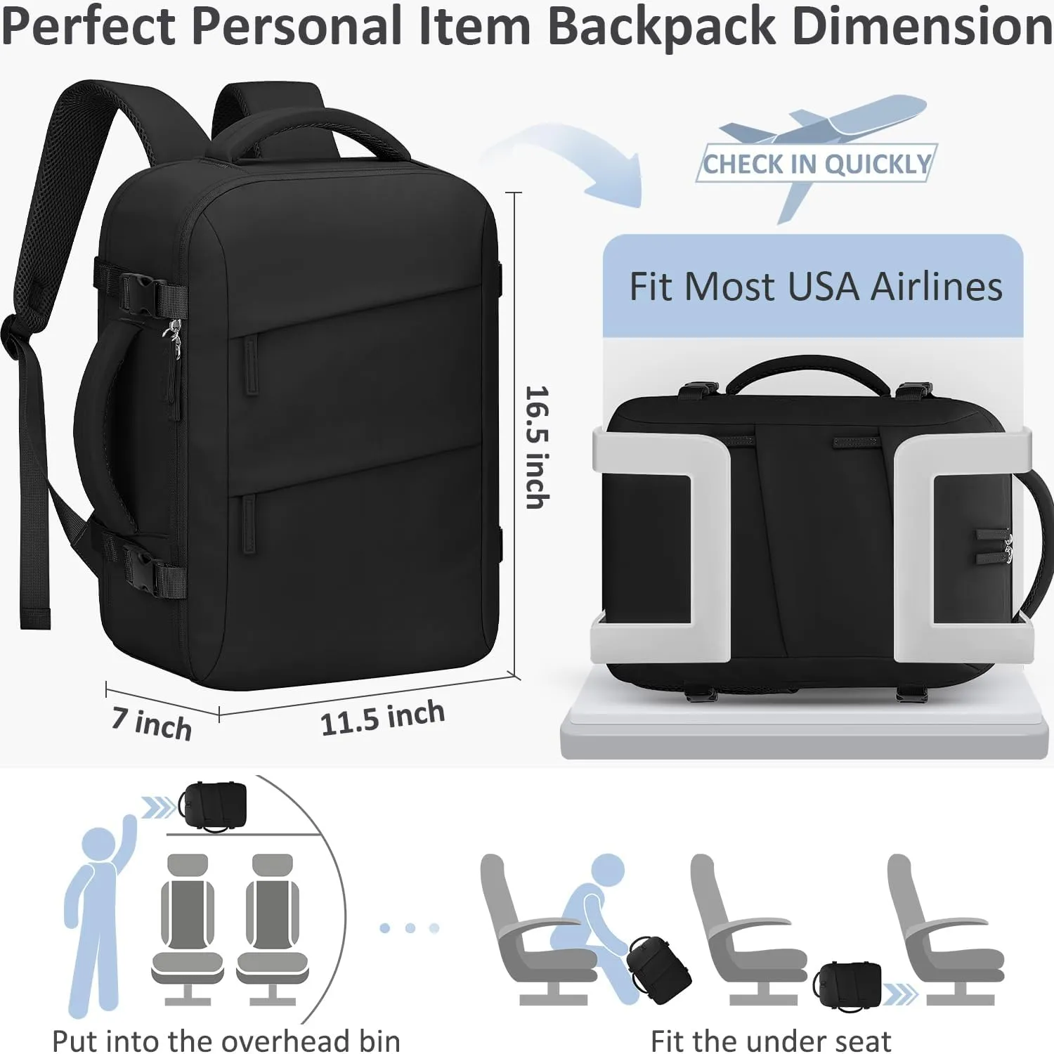 Travel Backpack for Women Men Carry on Flight Approved Lightweight 15.6 Inch Laptop Backpack Duffle College Business Work Weekender Hiking Travel Essentials Suitcase Backpack Black