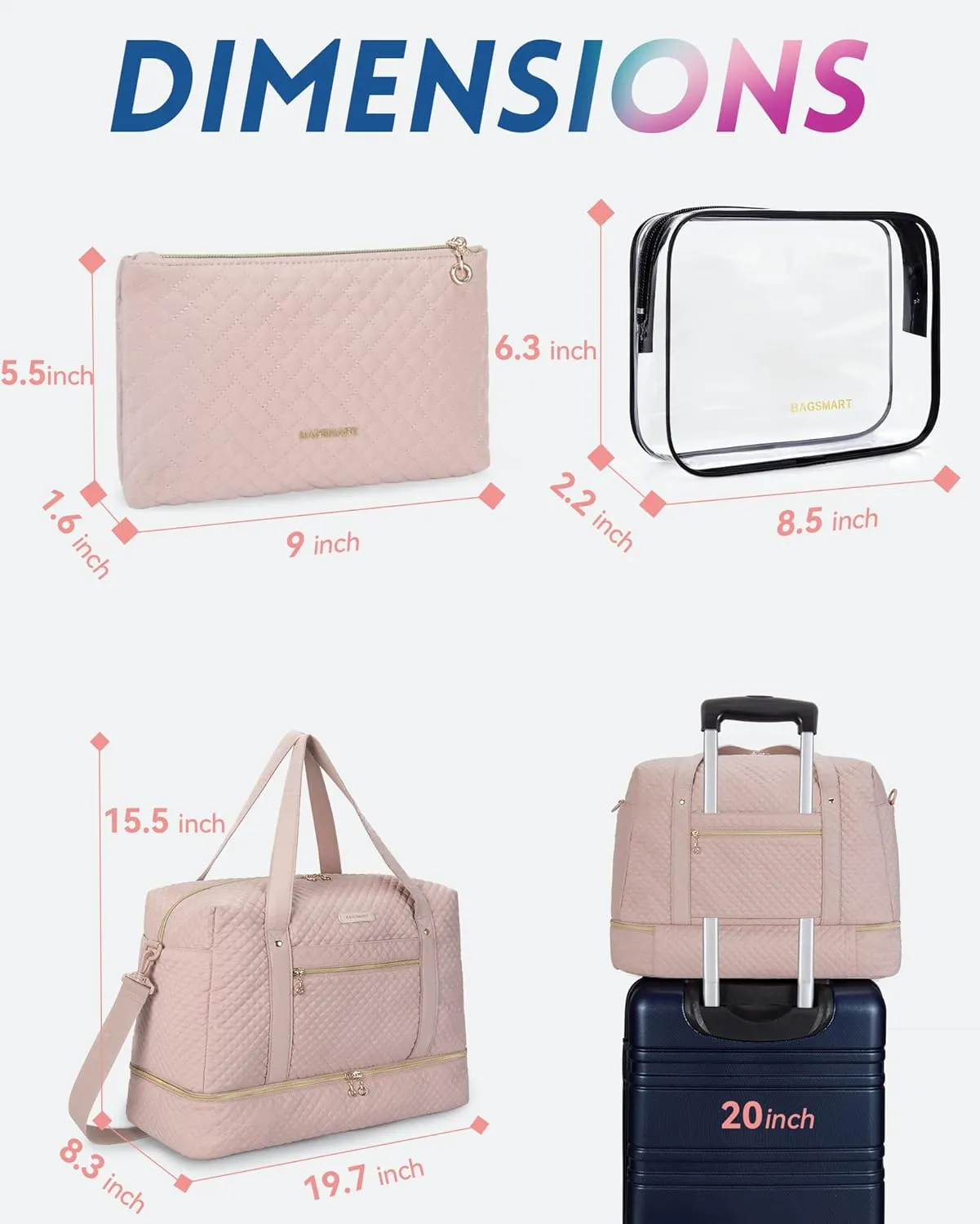 Travel Duffle Bag, BAGSMART 3 Pcs Set Weekender Overnight Bag for Women with Makeup Bag & Clear Toiletry Bag, Carry On Bag with Shoe Compartment for Travel, Business Trips(Pink)