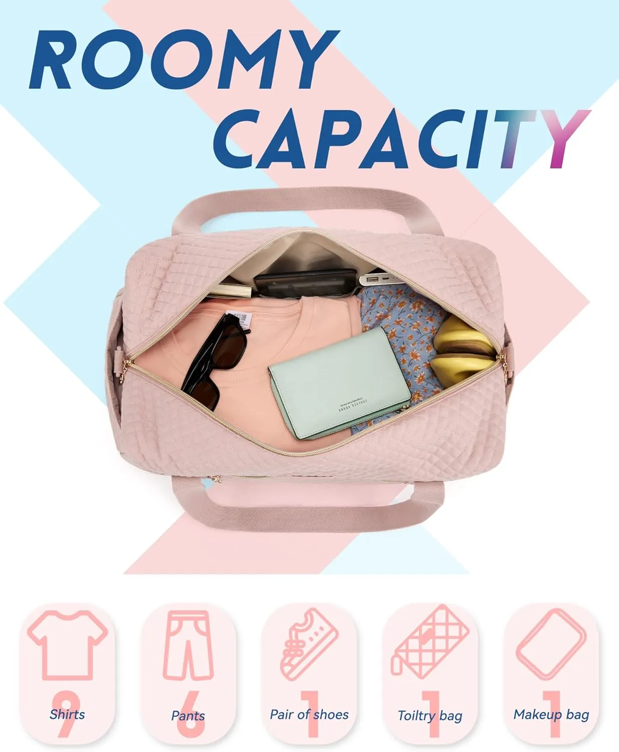 Travel Duffle Bag, BAGSMART 3 Pcs Set Weekender Overnight Bag for Women with Makeup Bag & Clear Toiletry Bag, Carry On Bag with Shoe Compartment for Travel, Business Trips(Pink)
