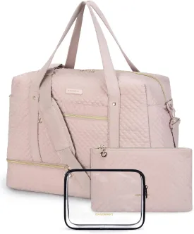 Travel Duffle Bag, BAGSMART 3 Pcs Set Weekender Overnight Bag for Women with Makeup Bag & Clear Toiletry Bag, Carry On Bag with Shoe Compartment for Travel, Business Trips(Pink)