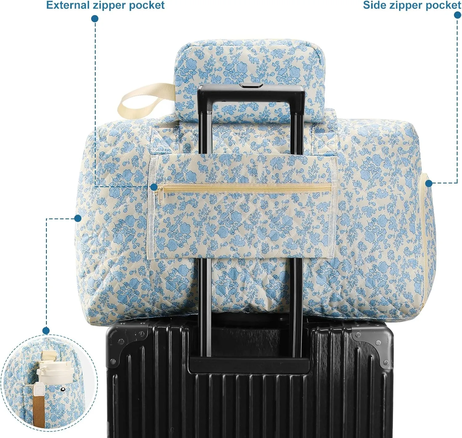 Travel Duffle Bag, Weekender Overnight Quilted Duffle Bag for Women, Large Capacity Duffel Bag with Shoe Compartment, Gym Tote Bags with Dry and Wet Separation (2 Pcs)