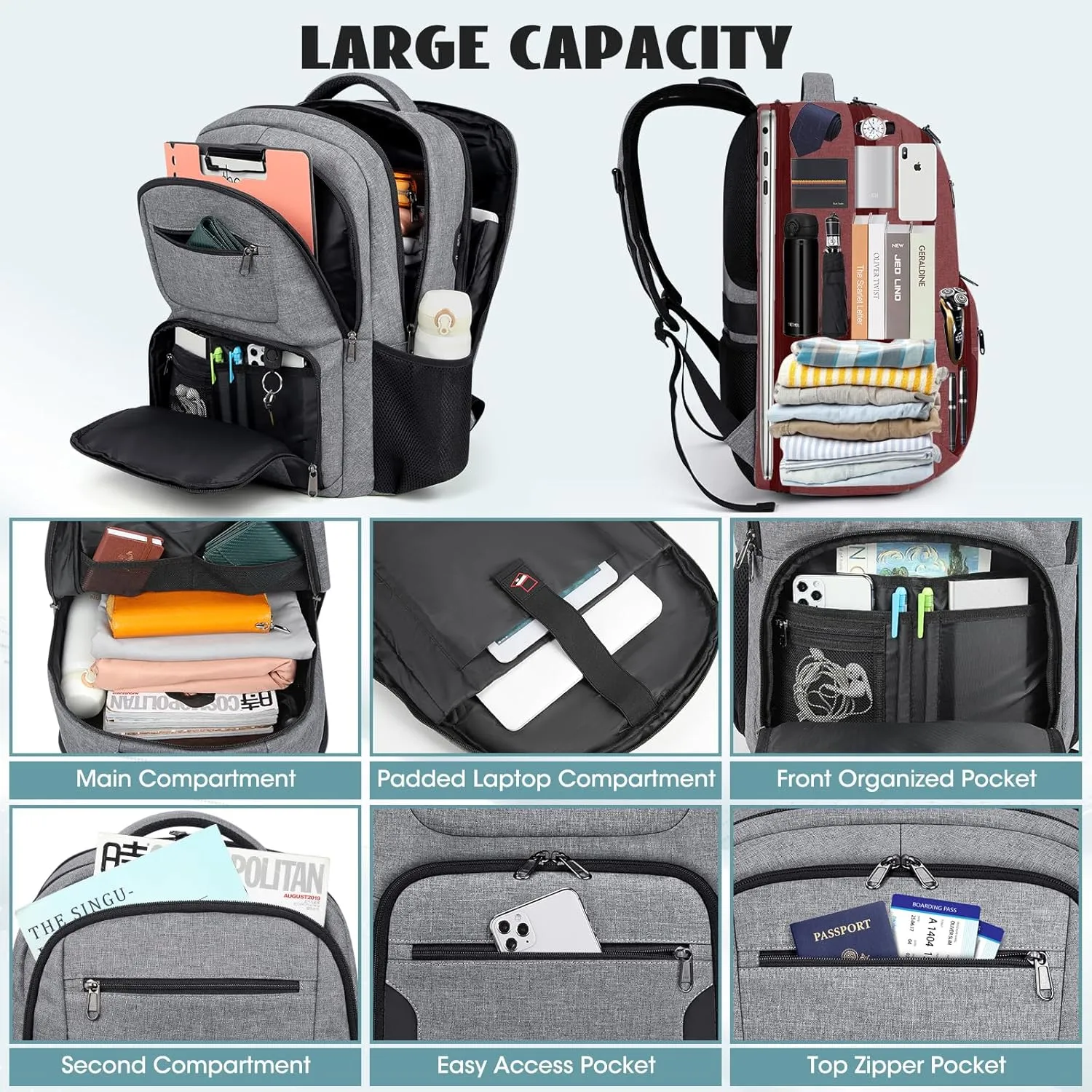 Travel Laptop Backpack, 17 Inch Extra Large Laptop Backpack with USB Charging Hole 45L Anti Theft Travel Backpack Water Resistant College Business Computer Bag Fit 17.3 Inch Laptop for Men Women Grey