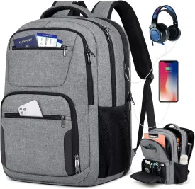 Travel Laptop Backpack, 17 Inch Extra Large Laptop Backpack with USB Charging Hole 45L Anti Theft Travel Backpack Water Resistant College Business Computer Bag Fit 17.3 Inch Laptop for Men Women Grey