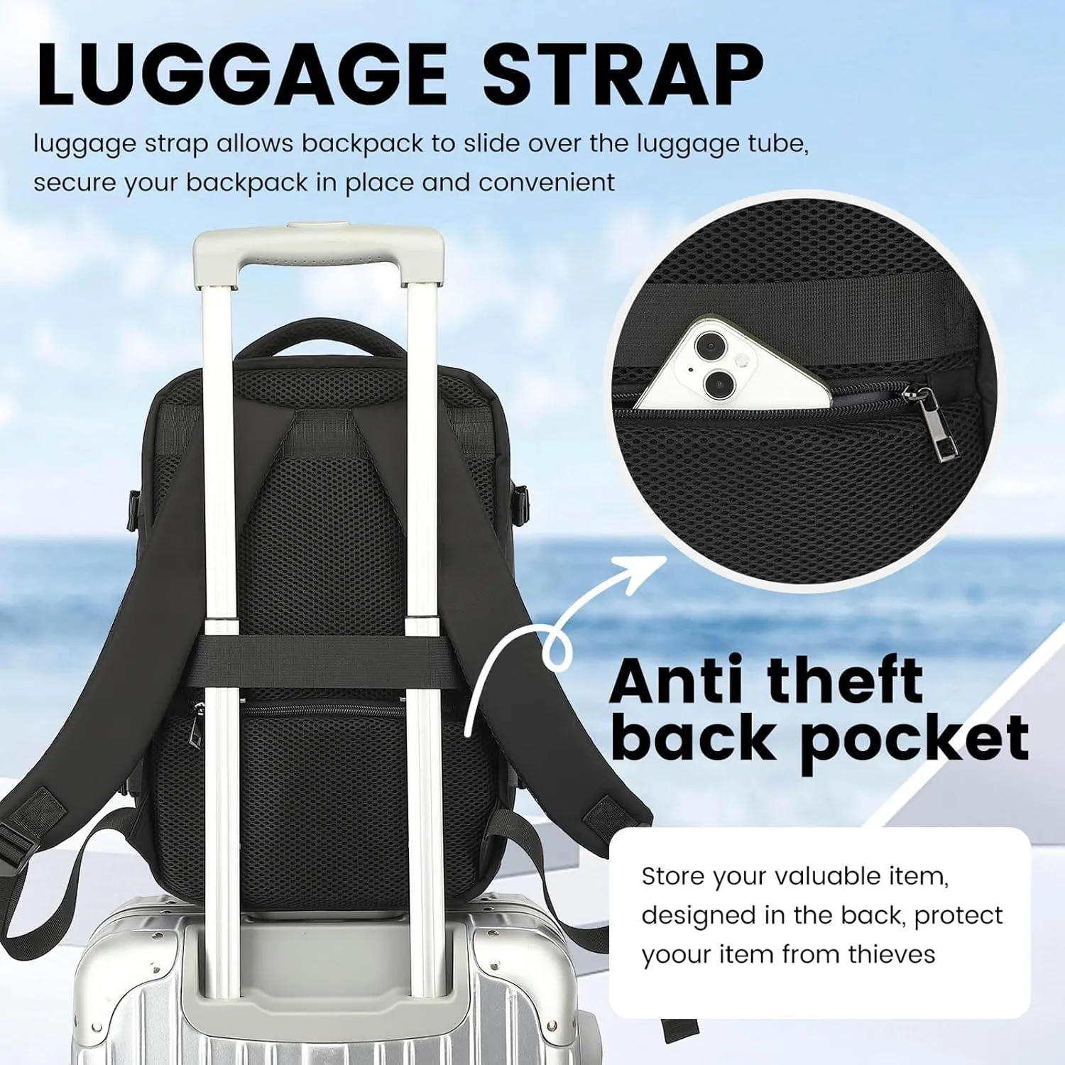 Travel Laptop Backpack, Carry on Backpack, 15.6 Inch Durable Business Work Bag with USB Port, Water Resistant Rucksack Book Computer Bag Gifts for Women Men, Black