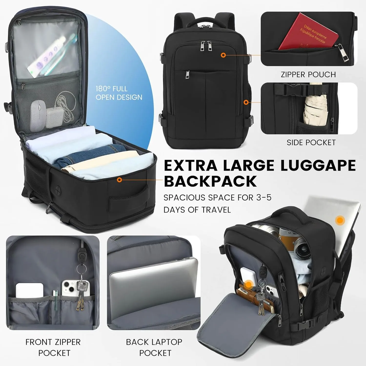 Travel Laptop Backpack, Carry on Backpack, 15.6 Inch Durable Business Work Bag with USB Port, Water Resistant Rucksack Book Computer Bag Gifts for Women Men, Black