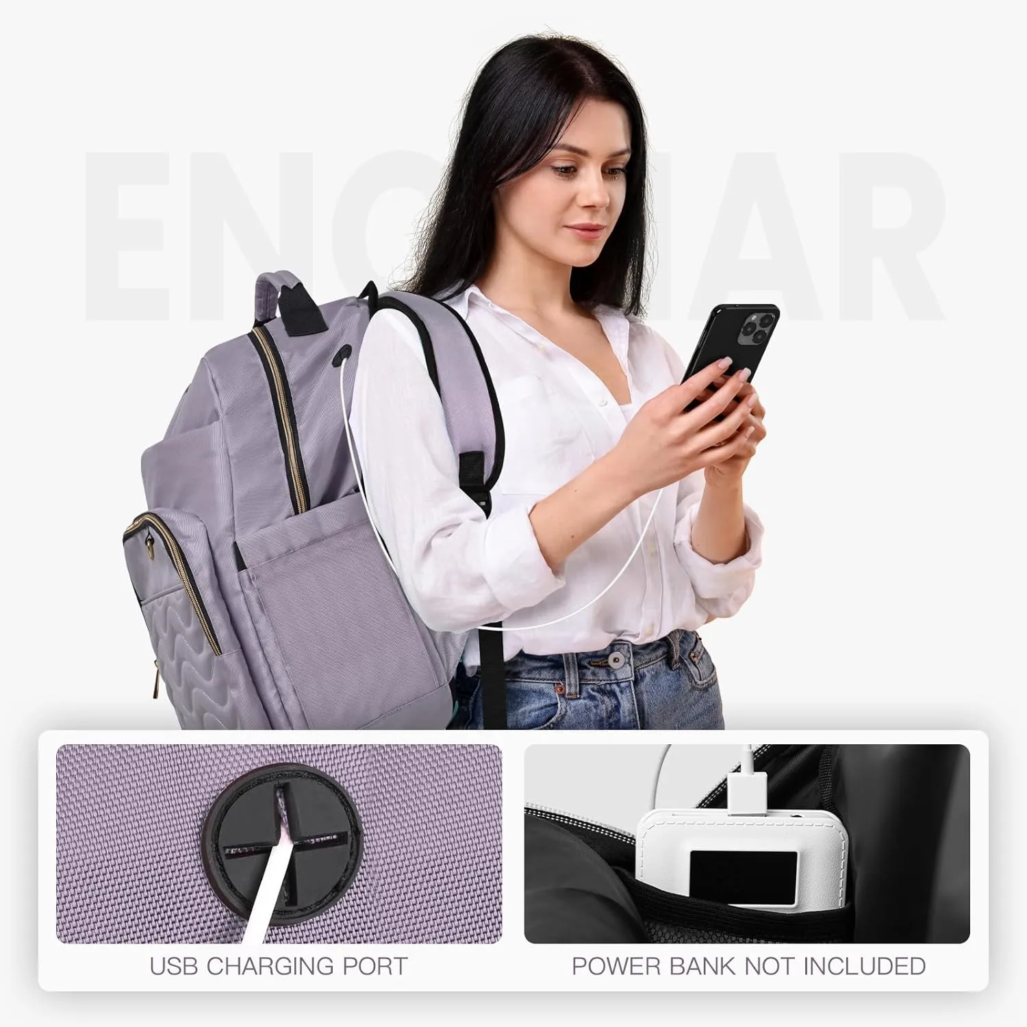 Travel Laptop Backpack for women, Work Backpack Woman with USB Charging Port, Water Resistant College Backpack, Stylish Quilted Girls Back Pack Casual Daypack for 15.6 Inch Laptop, Purple