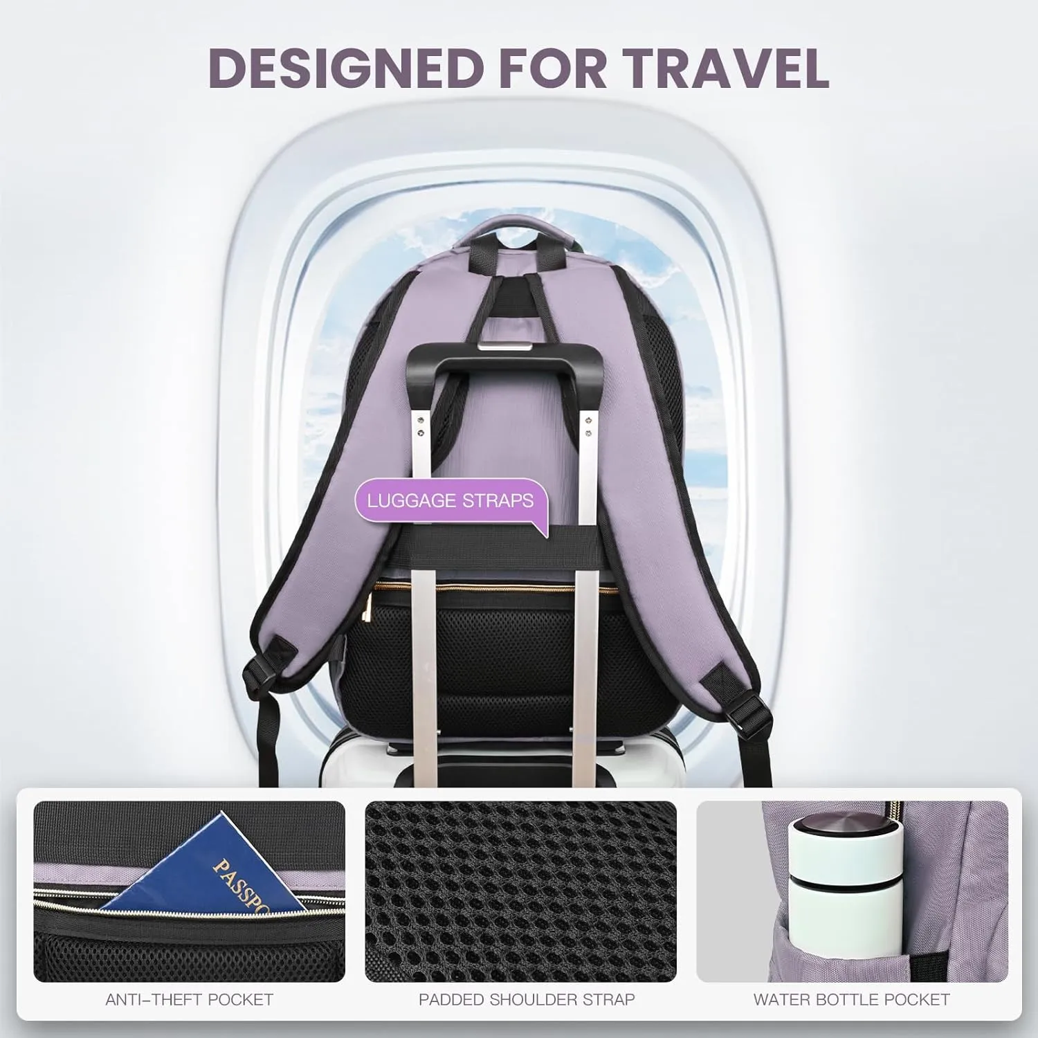 Travel Laptop Backpack for women, Work Backpack Woman with USB Charging Port, Water Resistant College Backpack, Stylish Quilted Girls Back Pack Casual Daypack for 15.6 Inch Laptop, Purple